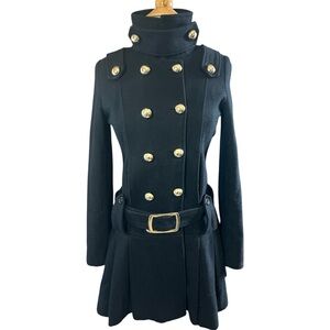 Honee Black Wool Blend Military Style Skirt Coat Gold buttons adjustable belt S